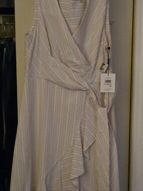 NWT Calvin Klein Sleeveless Wrap Midi Dress in Light Beige Stripe